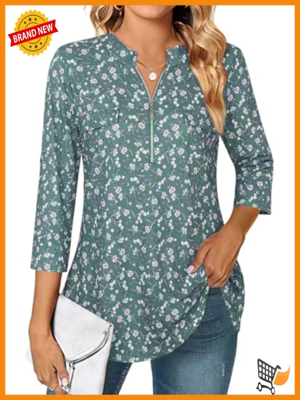 Women's Floral 3/4 Sleeve Zip Up V Neck Office Blouse Work Top